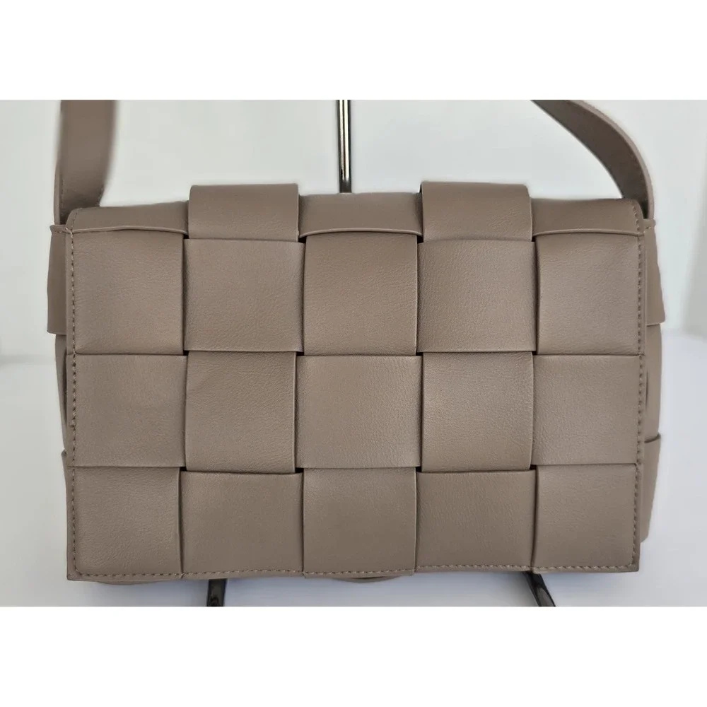 Woven Leather Crossbody Bag Taupe Woven Flap Shoulder Bag Neutral